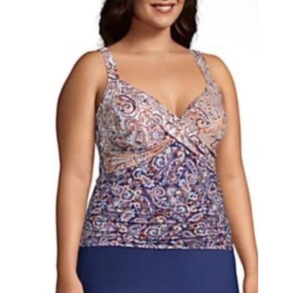 Lands End Womens Plus 26W Paisley Tankini Top Navy Blue Crossover Swimsuit NWT